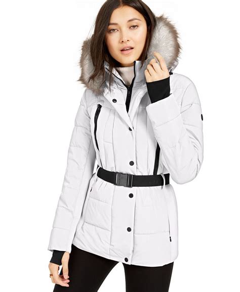 Michael Michael Kors Active Belted Puffer Faux Fur Trim Hooded 